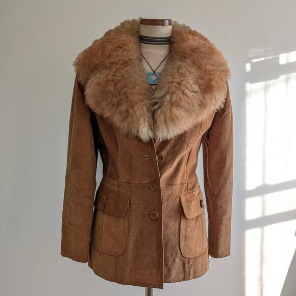 Vintage Jackets & Blazers - Vintage Brown Leather Coat 70s Suede Penny Lane Jacket Boho Chic Neutral Small